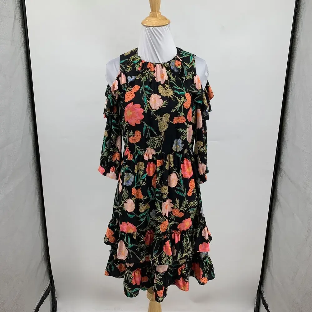 Kate Spade Dress Womens 00 Blossom Floral Cold Shoulder Side Zip Ruffled Tiered
